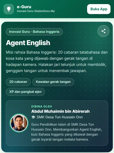 Halaman Agent English di sistemguru.my dengan hero foto, nama dan sekolah guru pembinanya